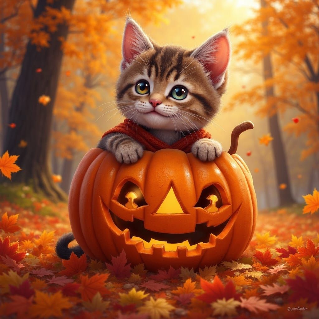 Whimsical Kitten in Jack-o'-Lantern Costume Amidst Autumn Le...