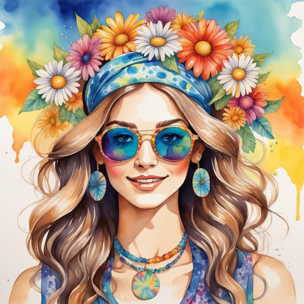 Colorful 70s Hippie Girl Watercolor Illustration