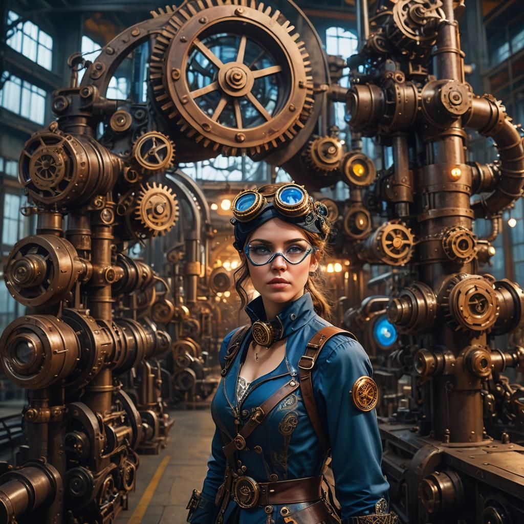 Steampunk Girl in Factory of Gears: Sci-Fi Art