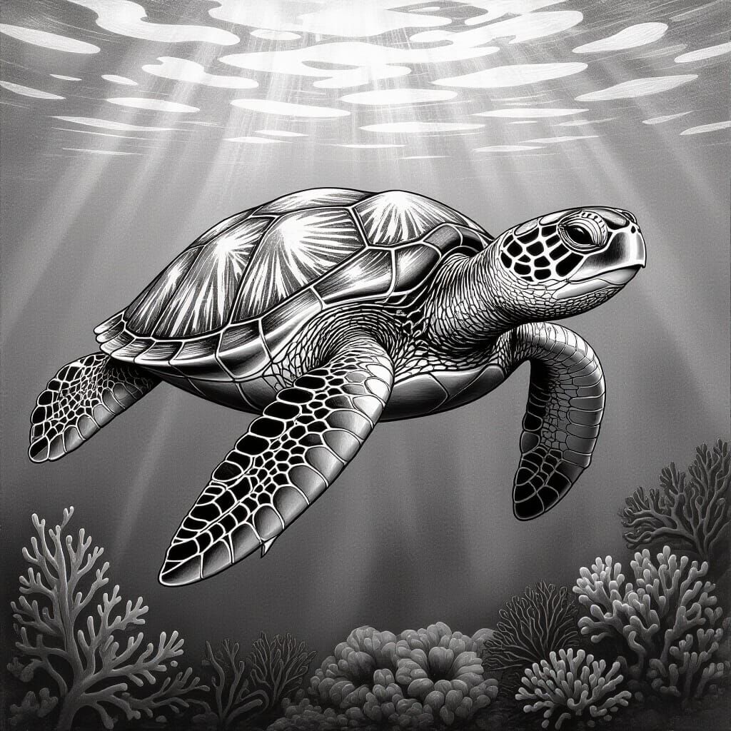 Swimming Turtle in Black and White Pencil Art