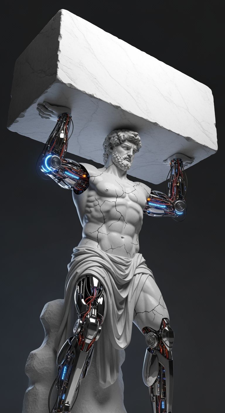 Cyberpunk Hercules Lifts Marble Slab in Hyper-Realistic Styl...