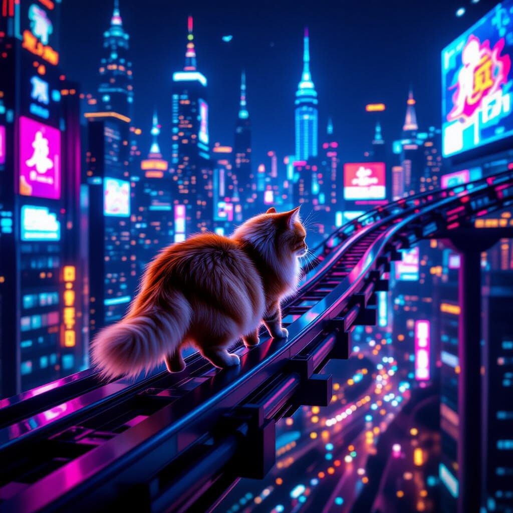 Fluffy Cat on Futuristic Rollercoaster Over Neon City