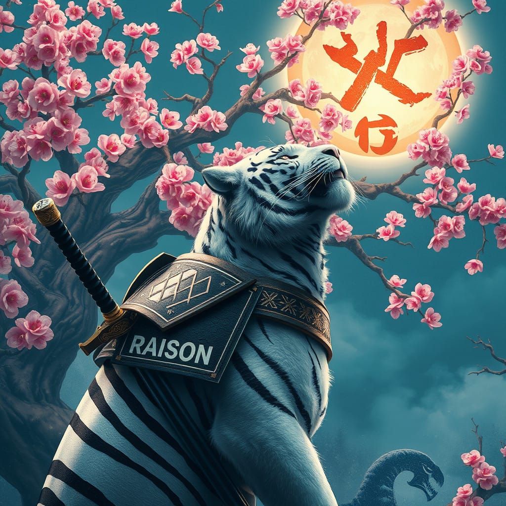 Samurai White Tiger Defends Cherry Blossom Tree with Sword