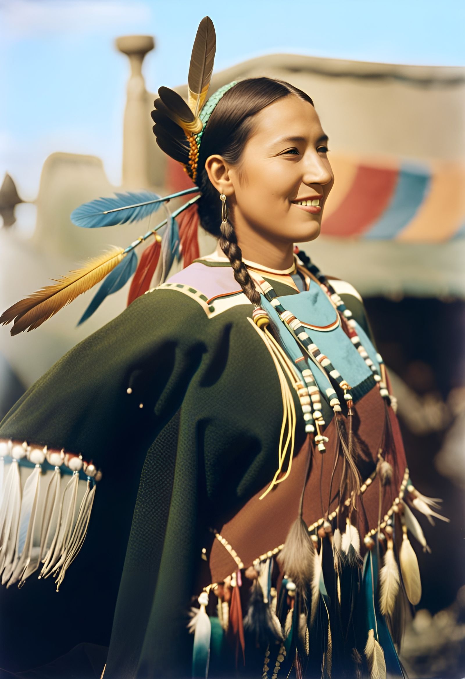 Native American Woman with Feather Headdress in Colorized Ph...