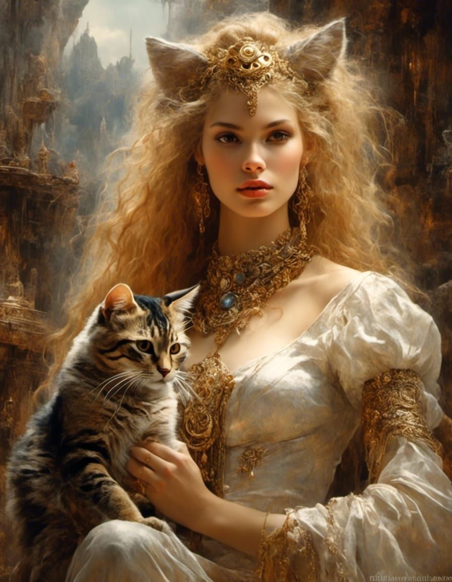 High Fantasy Portrait of Sorceress and Cat