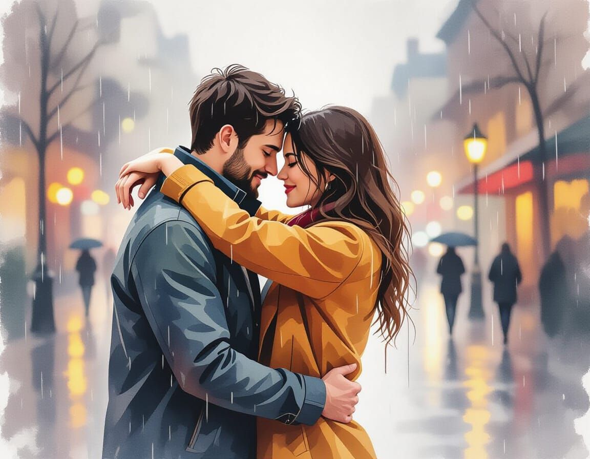Couple's Embrace in Rain, Watercolor Impressionism
