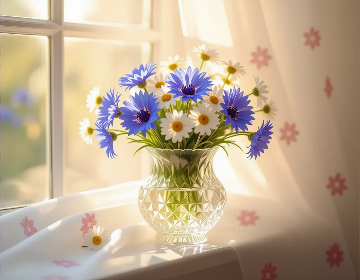 Cornflowers and Daisies in Crystal Vase, 3D Rendered