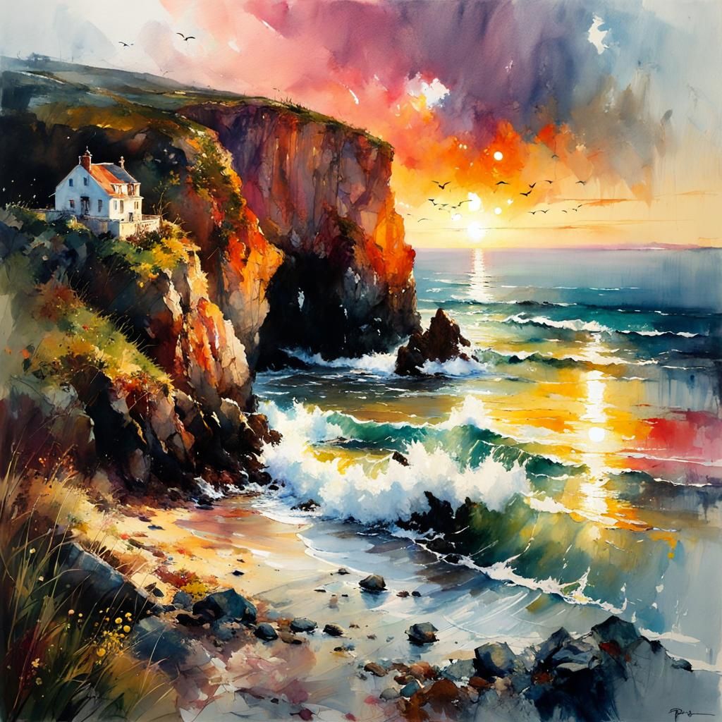Autumn Sunset on Rocky English Coast: Watercolor Painting