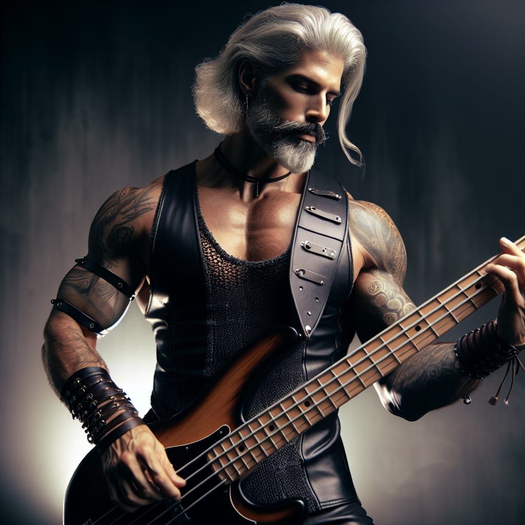 Muscular Silver-Haired Musician in Cyberpunk Attire Plays El...