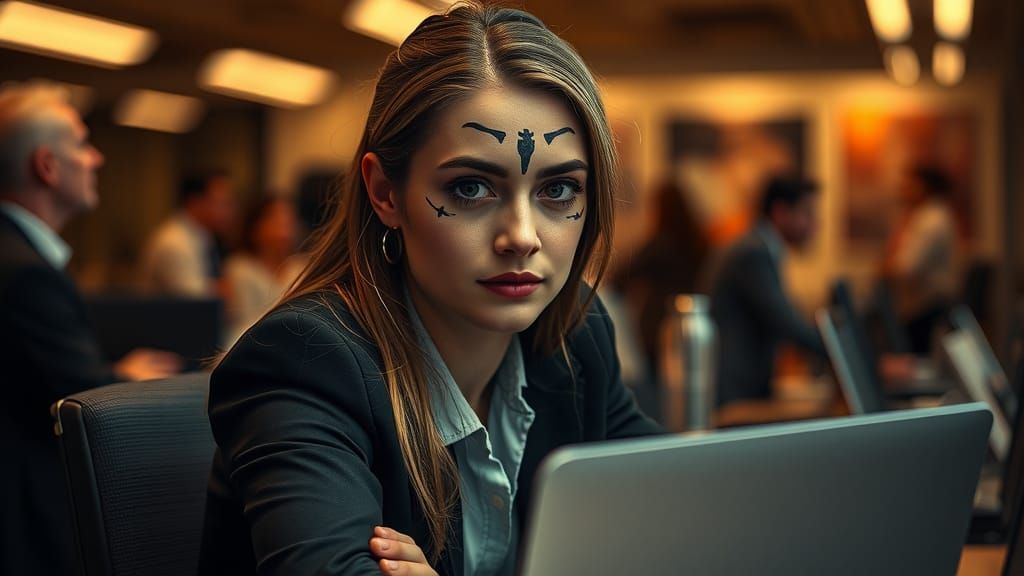 Businesswoman with Viking Warpaint in Chaotic Office