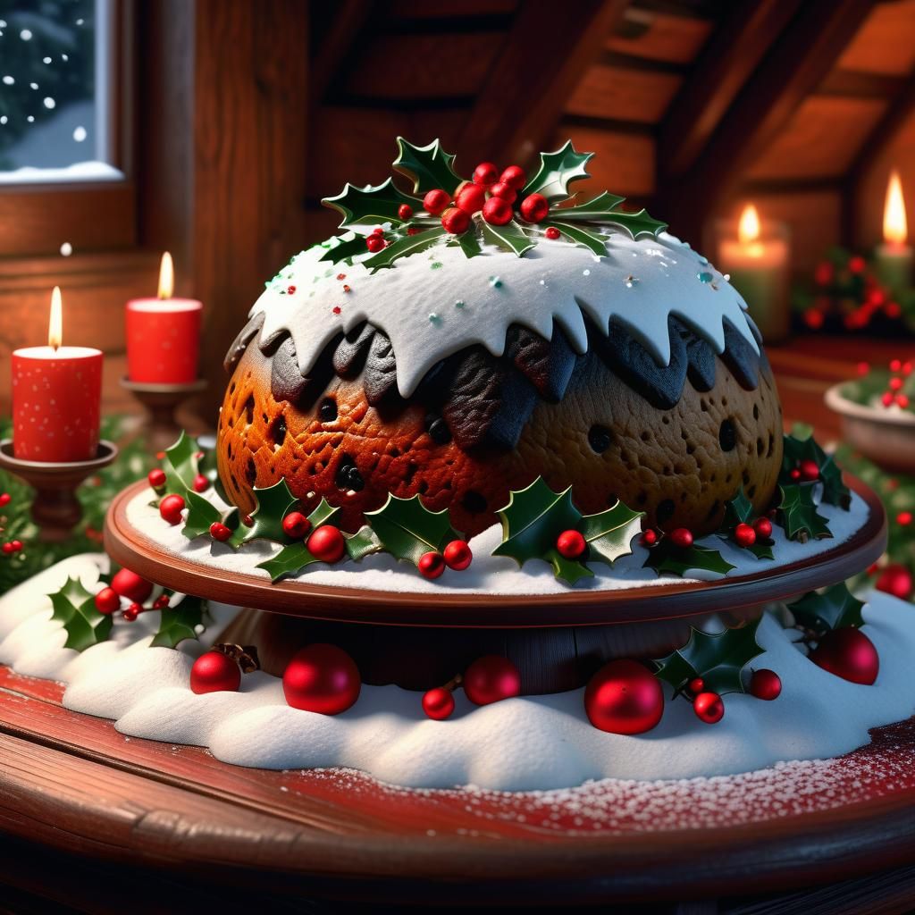 Lavish Christmas Pudding in Cozy Cottage: Fantasy Art