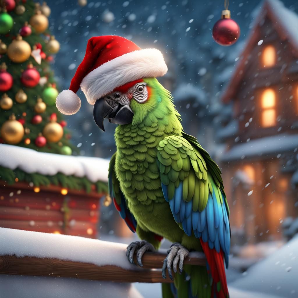 Festive Parrot Celebrates Christmas in Snowy Scene