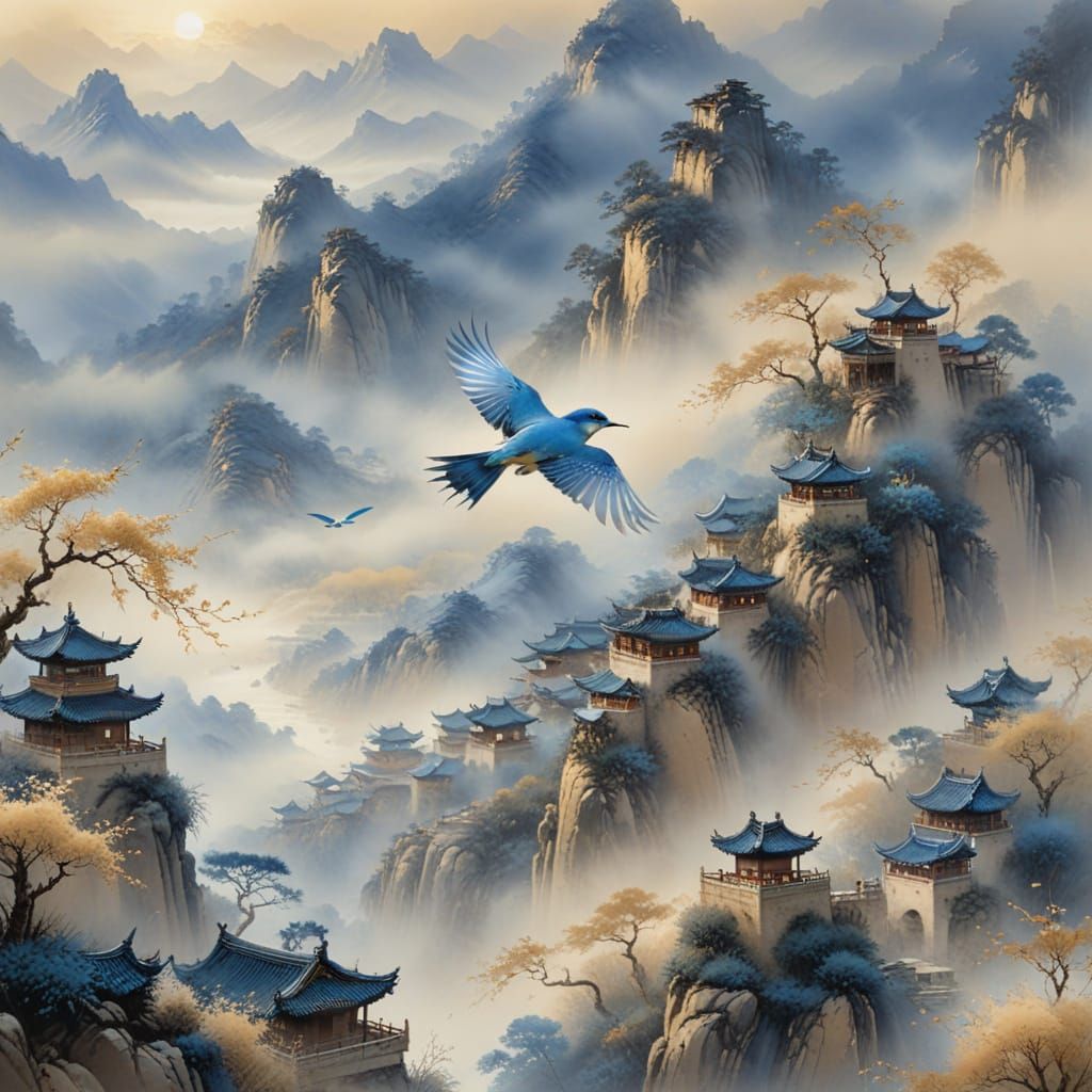 Misty Mountain Village in Chinese Watercolor Style