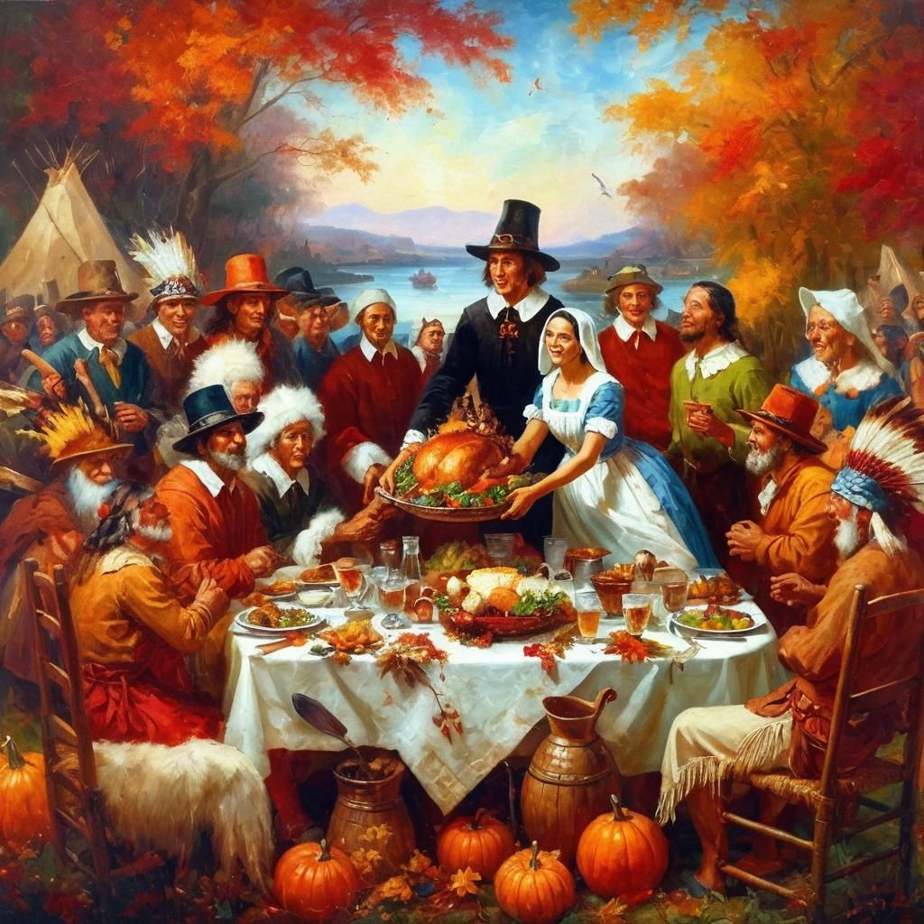 Pilgrims and Native Americans Share Thanksgiving Dinner