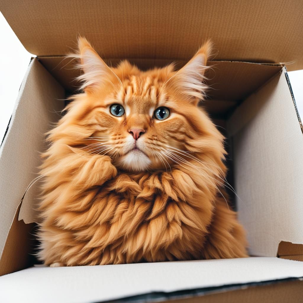 Fluffy Ginger Cat in Too-Small Box