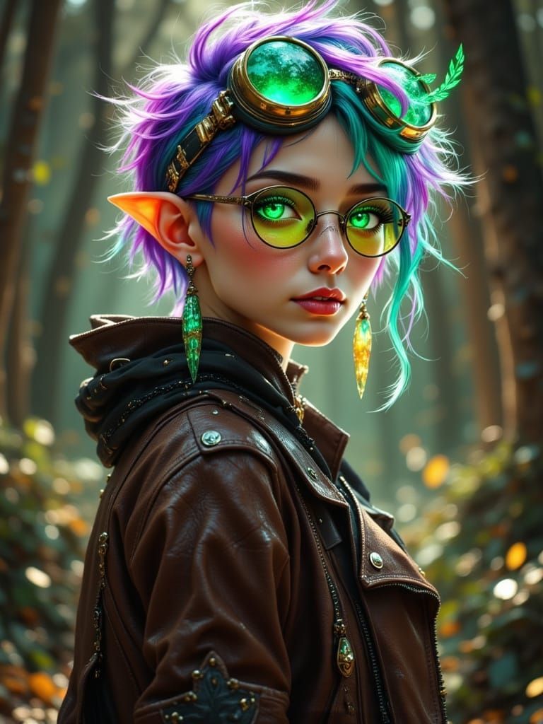 Half-Elf Woman with Glowing Goggles in Hyperrealistic Style
