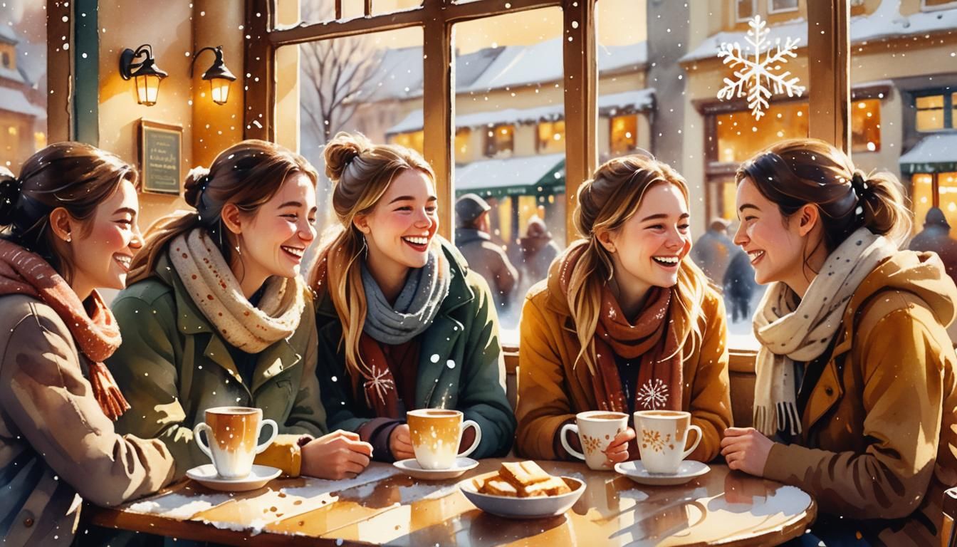 Warm Winter Café Scene in Watercolor Style