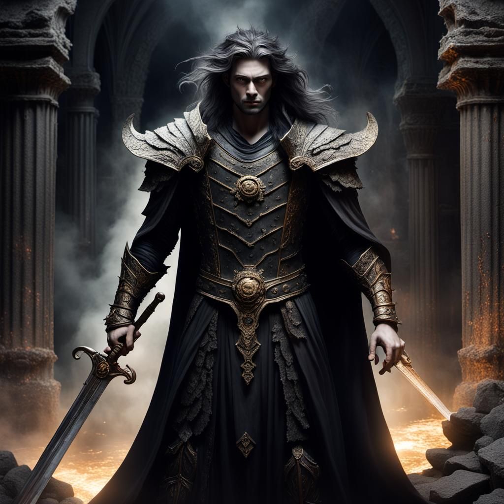 Hades' Son: Regal Figure in Gothic Underworld