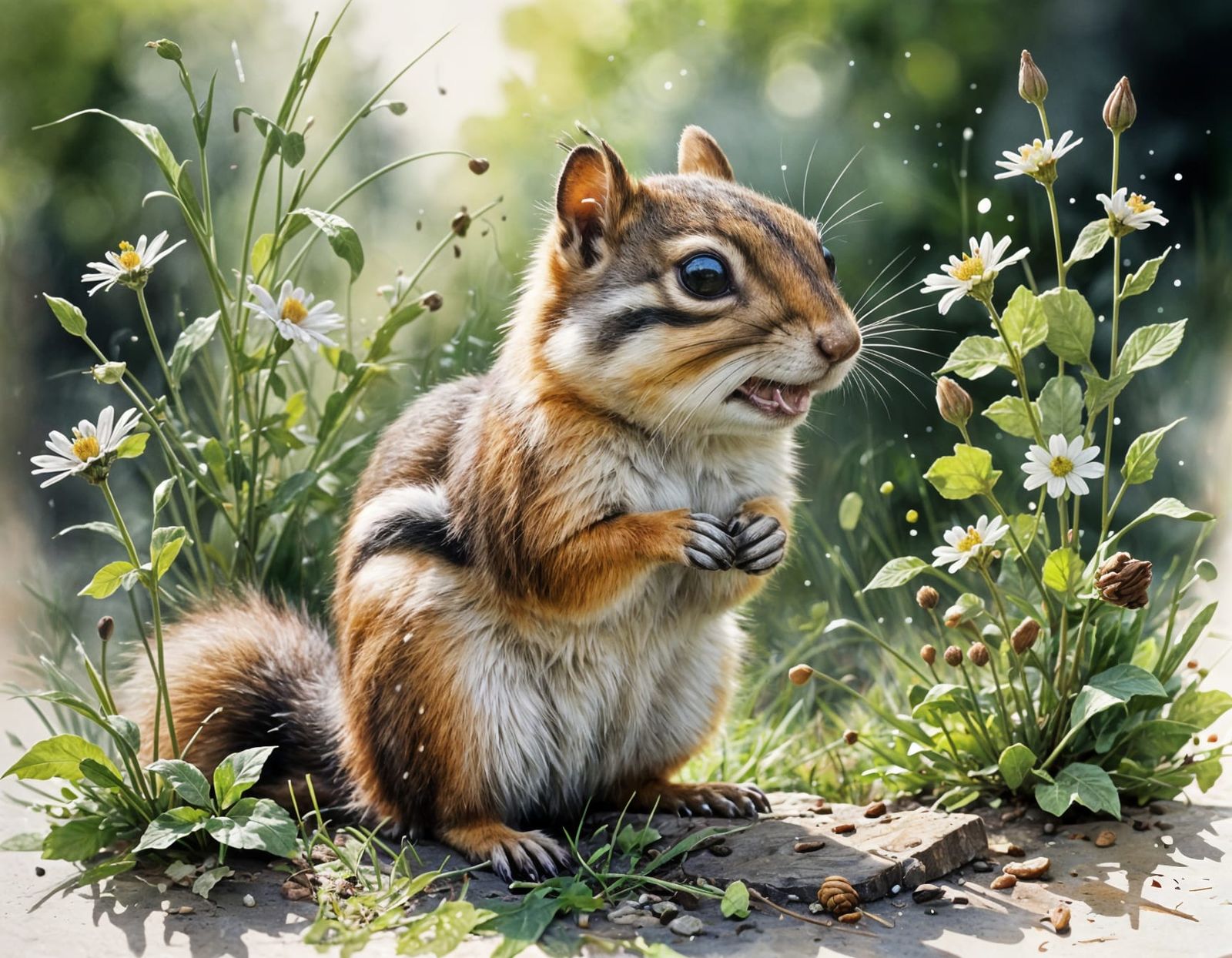 Realistic Chipmunk with Walnut in Watercolor Style