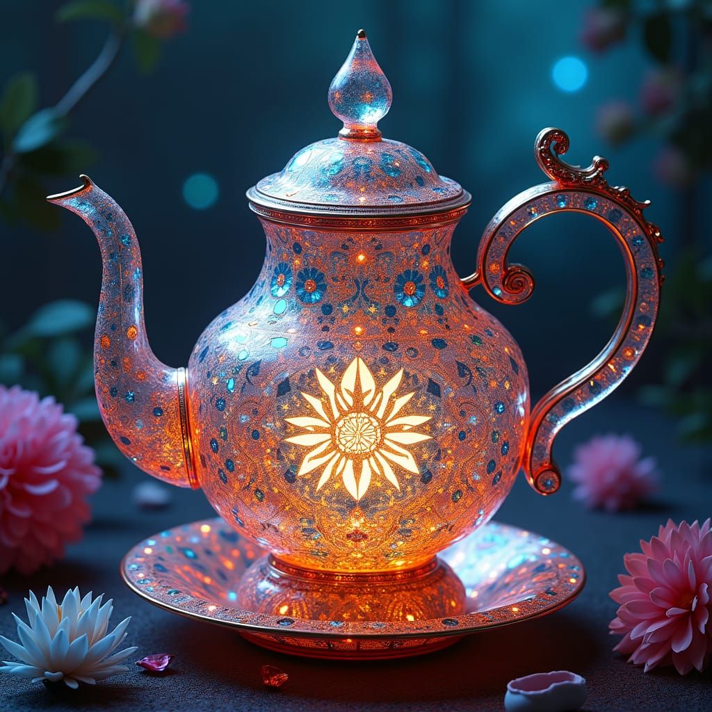 Stained Glass Tea Kettle with Dragons in Fantasy Art