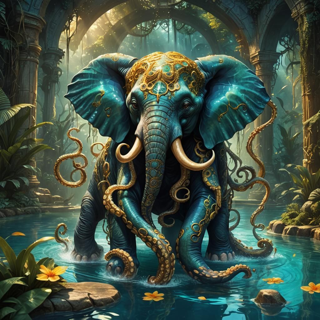 Mystical Octopus Elephant Hybrid in Jungle Pool