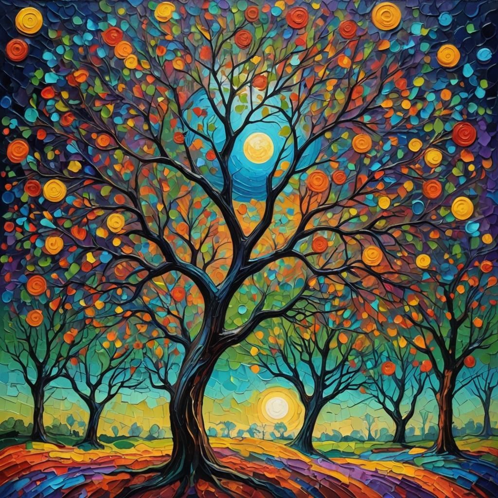 Psychedelic Moon and Tree in Expressionist Style