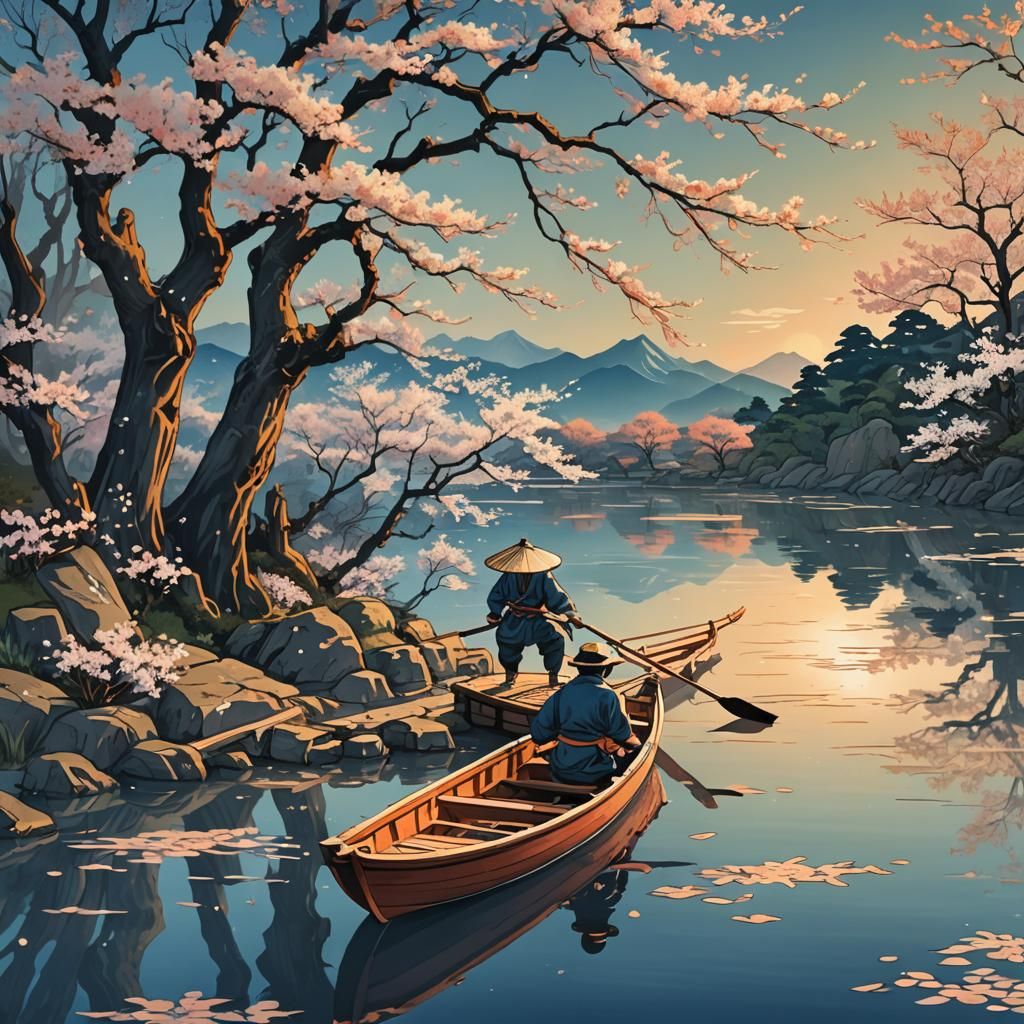 Ukiyo-e Fisherman on Serene River