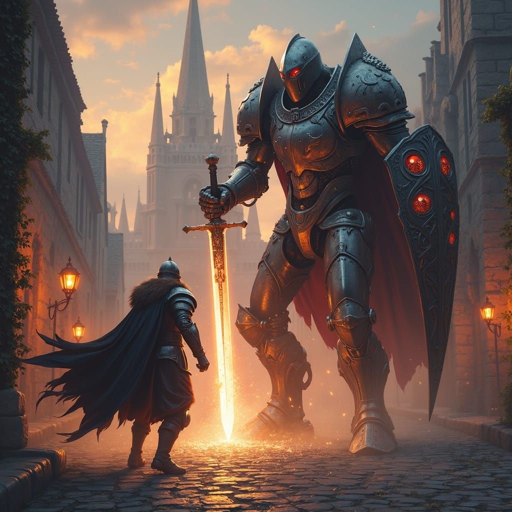 Knight's Epic Sword Slash vs. Giant Robot in Medieval City