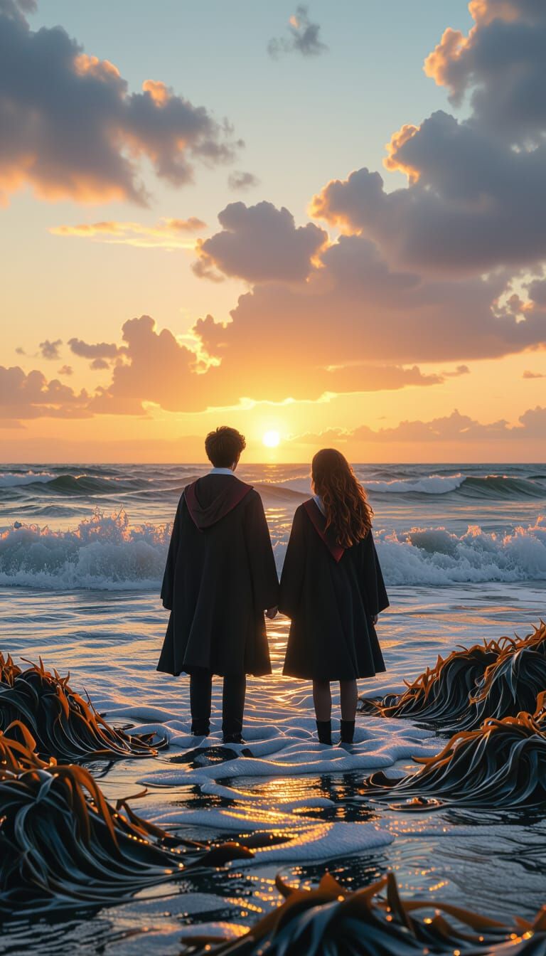 Harry Potter and Ginny at a Surrealist Beach Sunrise