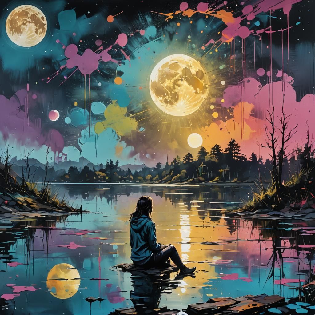 Girl, Moon Reflection on Lake in Graffiti Art