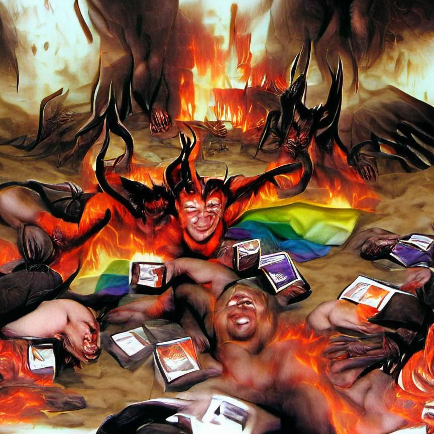 Demonic Card Game in Hellish Landscape