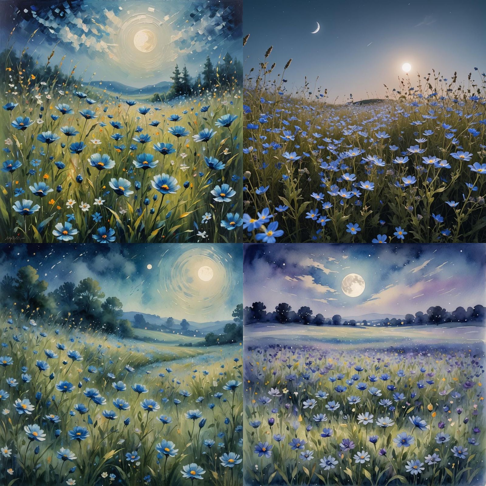 Blue Flower Meadow Under Full Moon