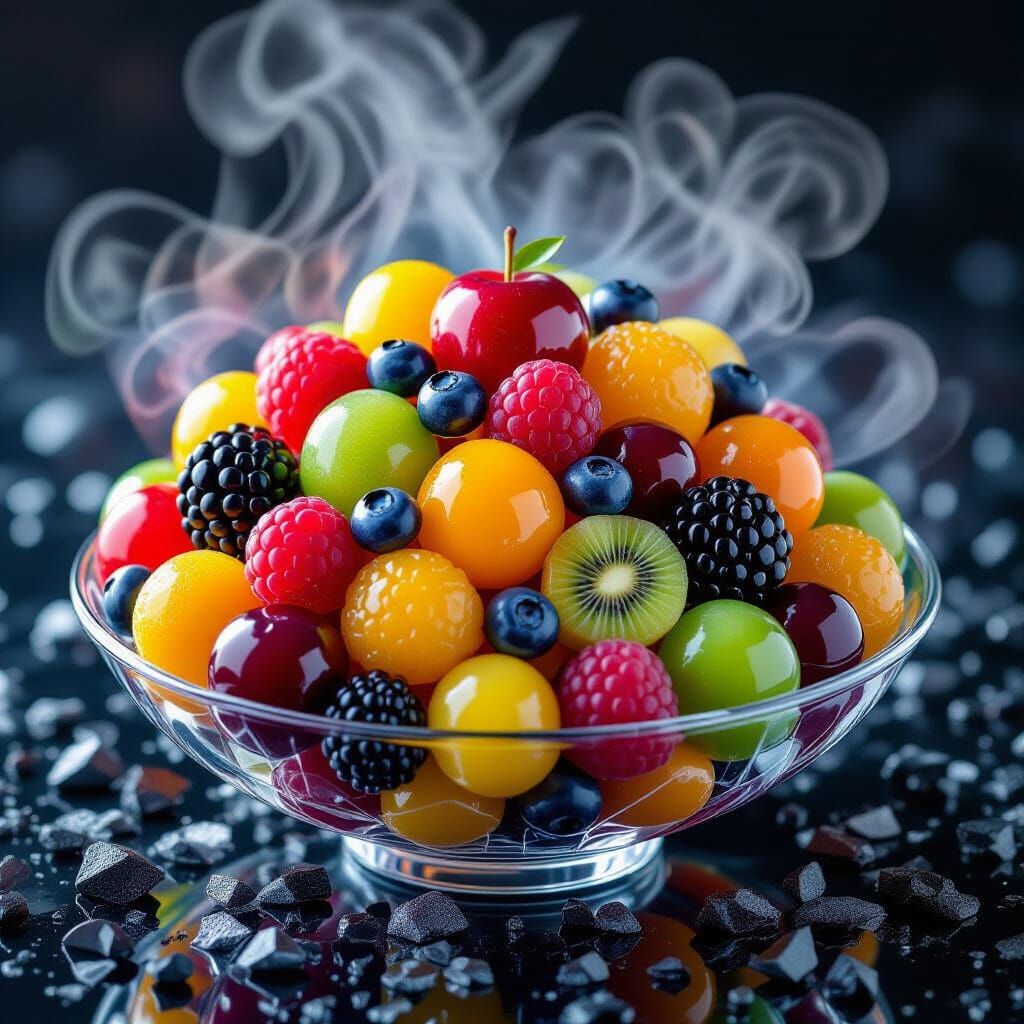 Reflective Spherical Fruit Salad on Obsidian Bed