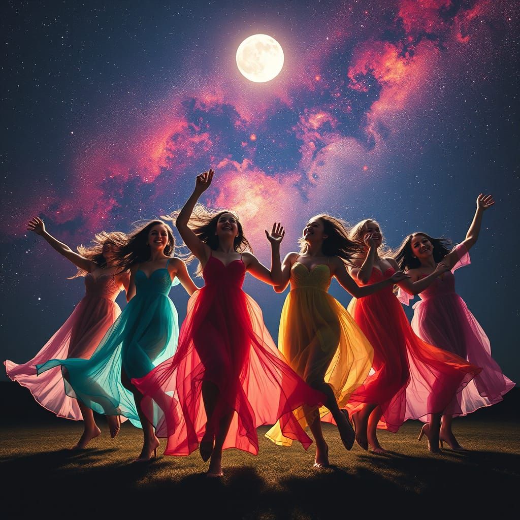 Dancing Women in Vibrant Cosmic Dresses Under a Sparkling Ne...