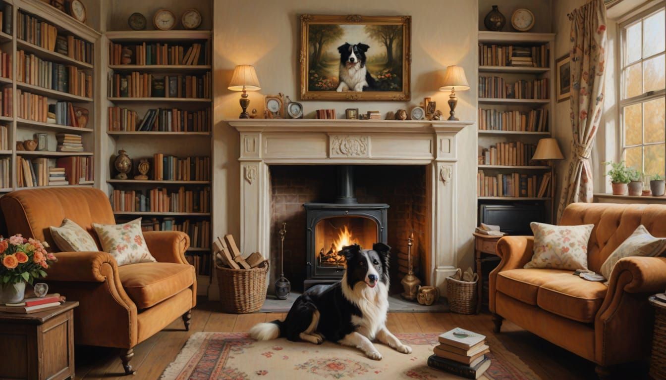 Cozy English Cottage Lounge with Border Collie, Oil Painting