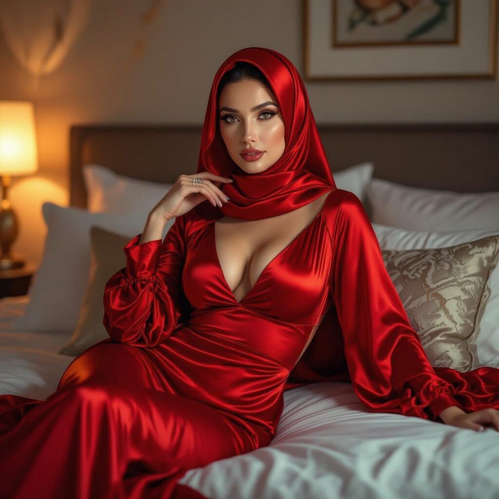 Woman in Red Satin Hijab on Modern Bed