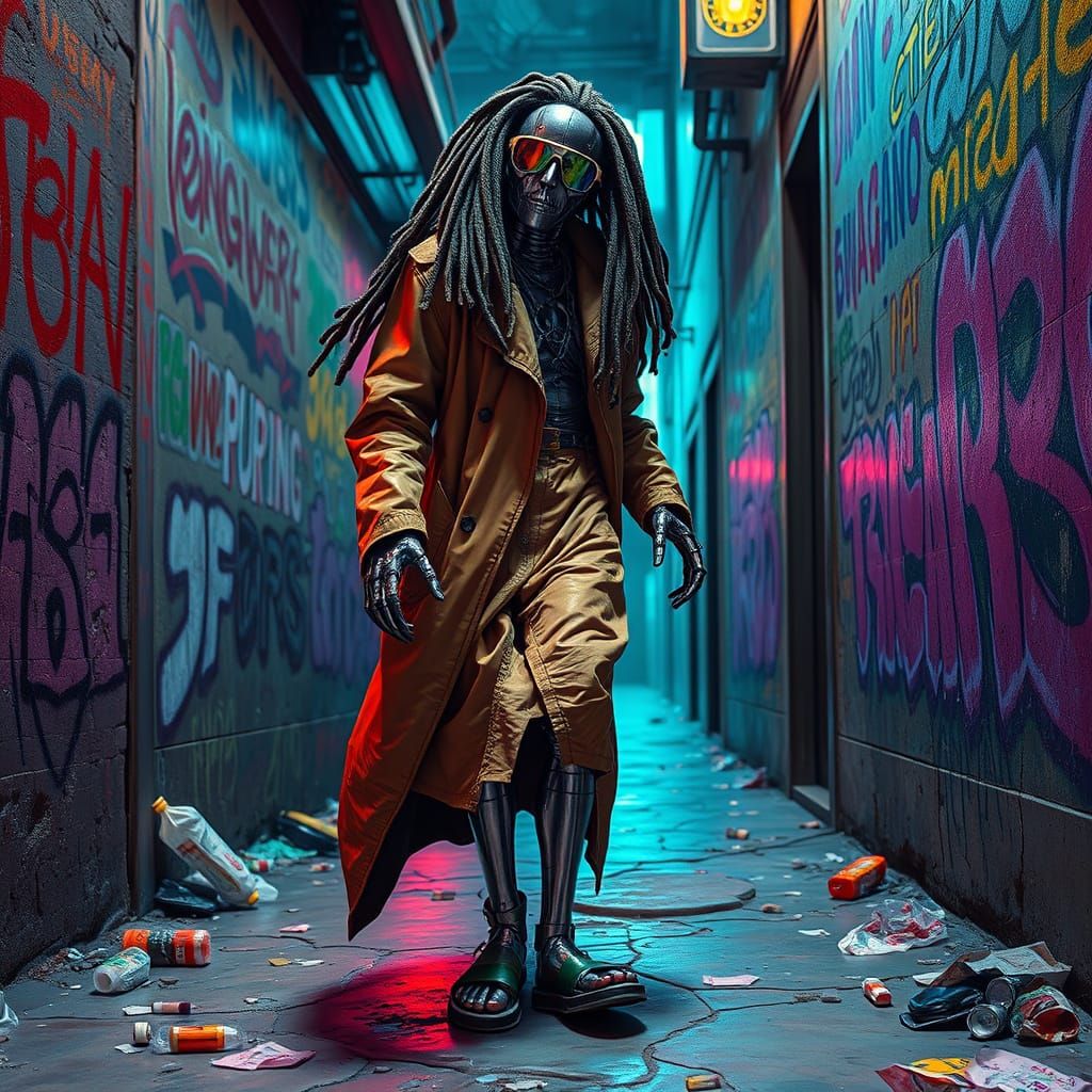 Hyper-Realistic Cyberpunk Rastafarian Robot in Dystopian All...