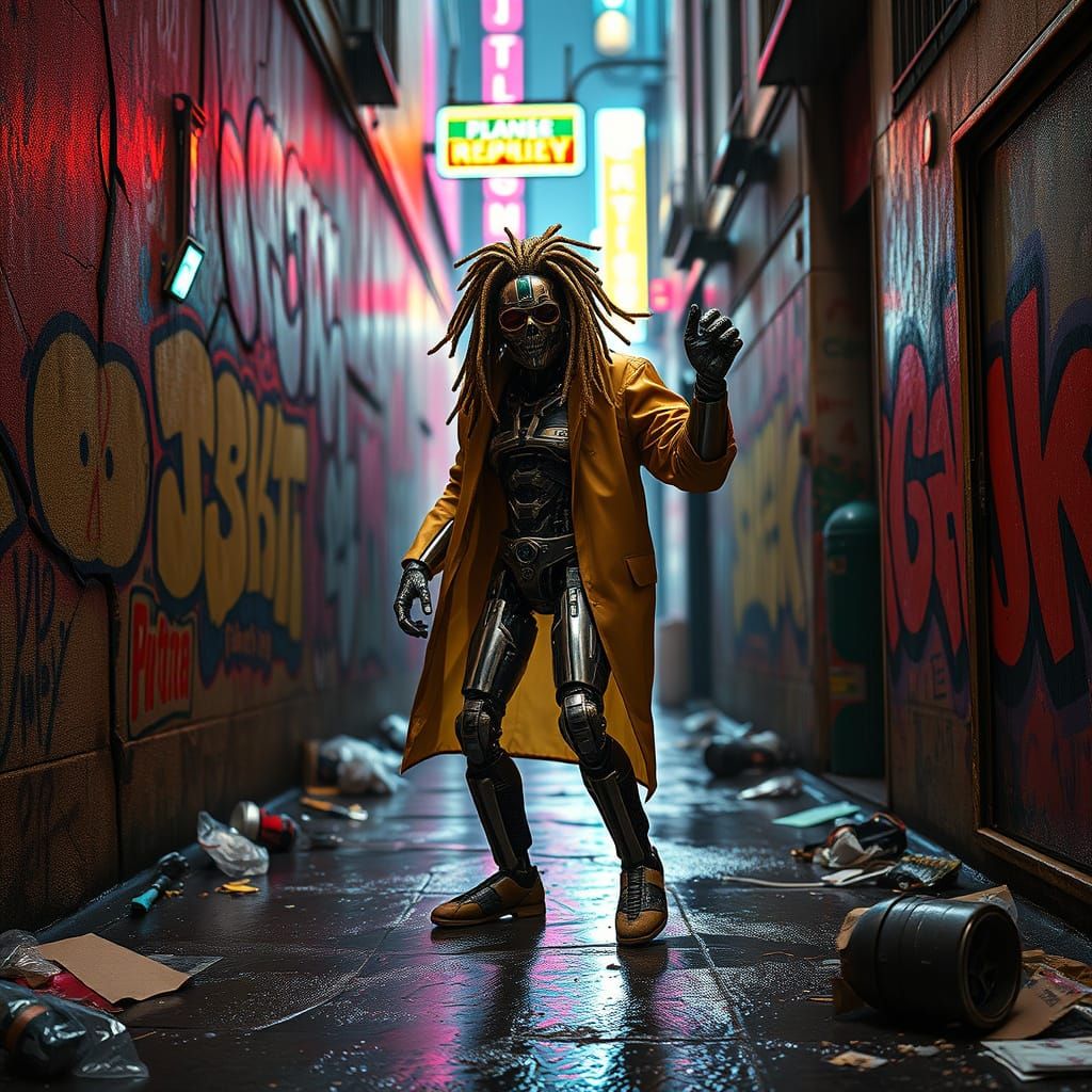 Cyberpunk Rastafarian Robot Dances in Rainy Metropolis
