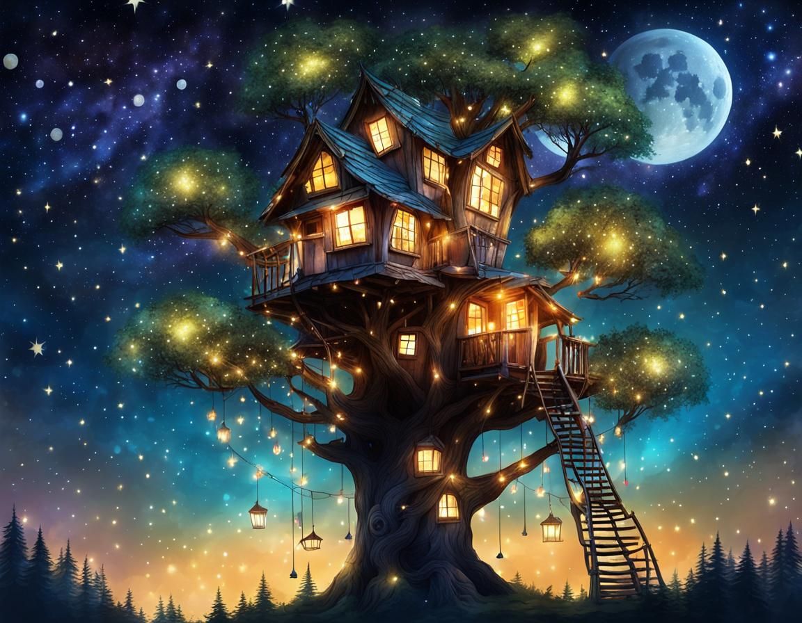 Magical Rustic Treehouse with Fairy Lights