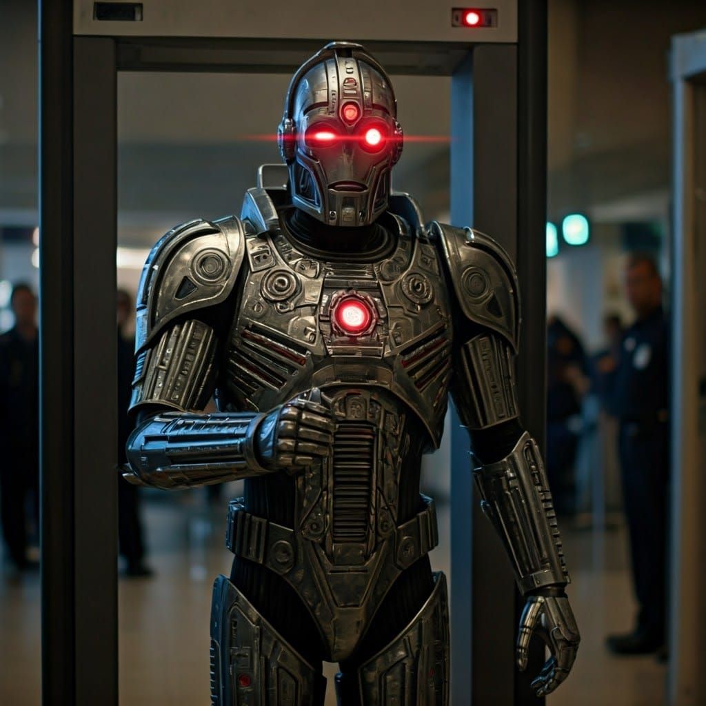 Gleaming Cylon Walks Through Airport Metal Detector