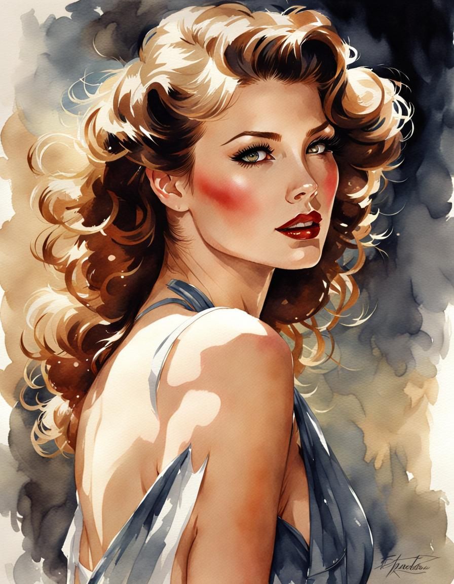 Watercolor Portrait in Pin-Up Style