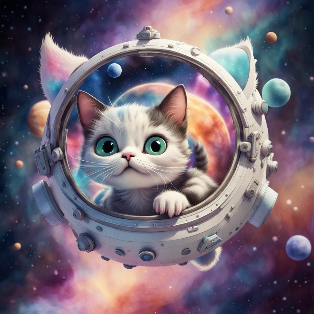 Adorable Cat in Space: Whimsical Digital Art