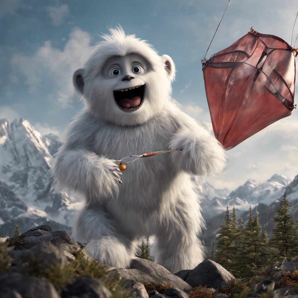 baby abominable snowman flying a kite