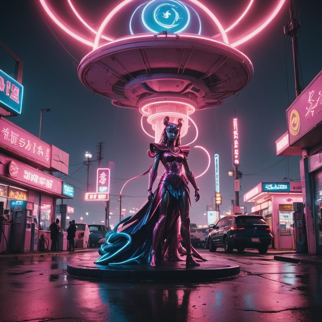 Cyberpunk Sailor Moon Cityscape in Electric Neon