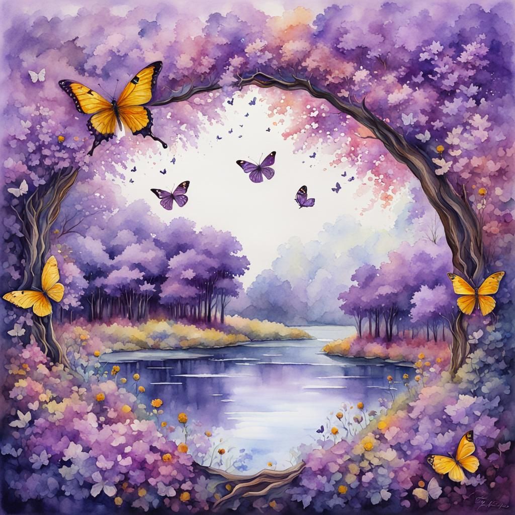 Watercolor Lake and Butterfly Landscape Painting