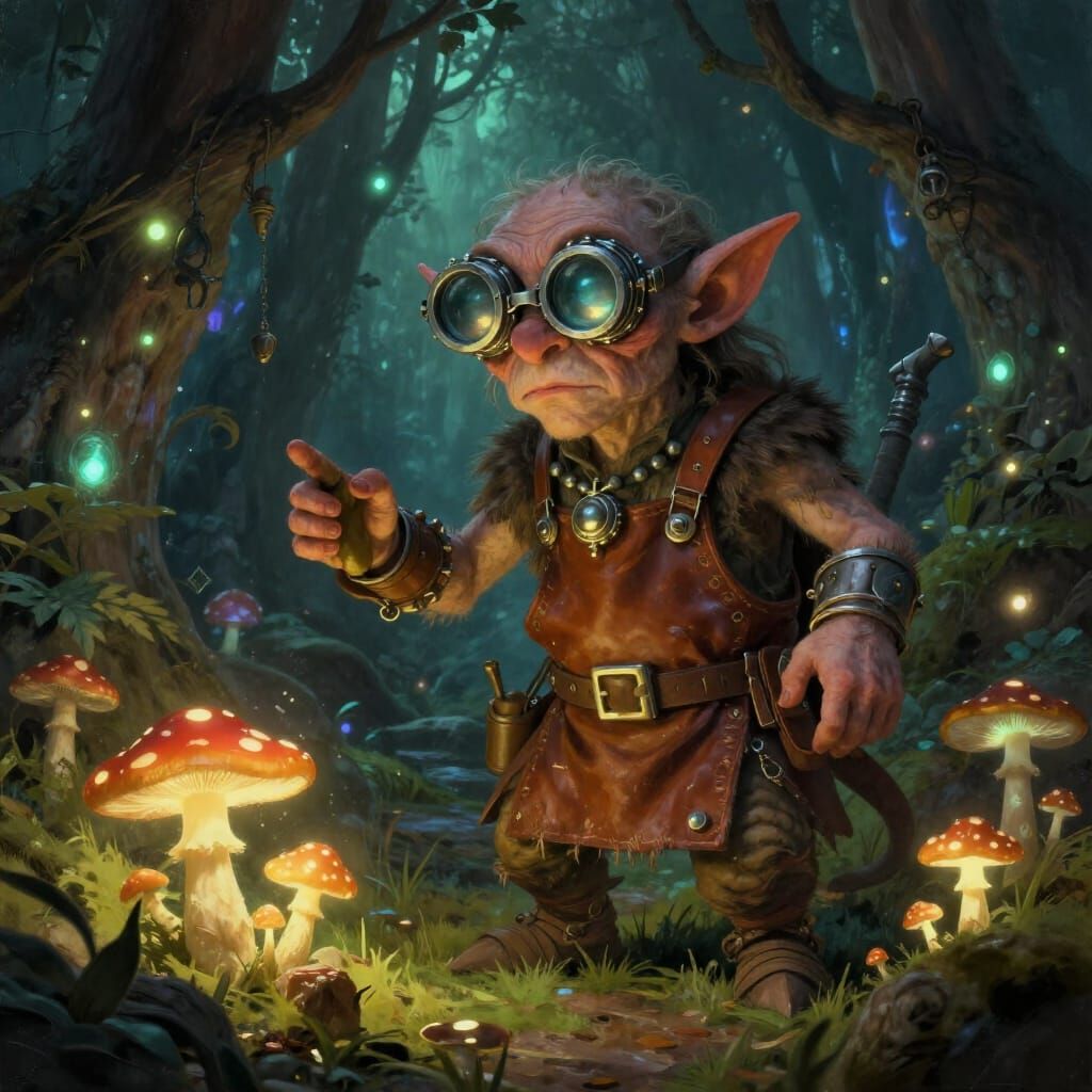 Goblin Tinkerer in Bioluminescent Forest Cave