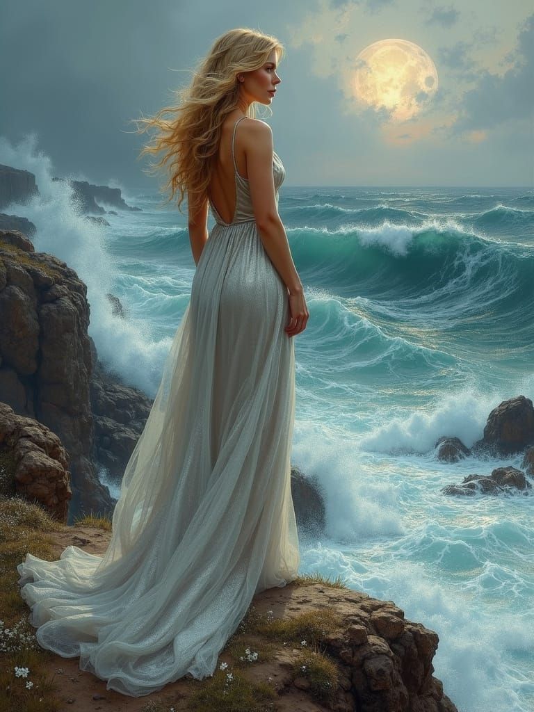 Woman in Silver Gown on Stormy Cliff Overlooking Sea