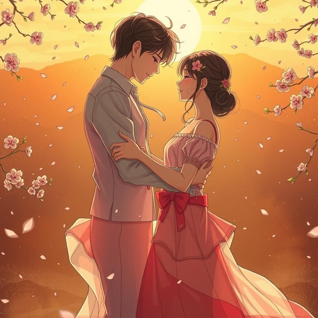 Ethereal Lovers Embrace Under Sunset, Anime Style