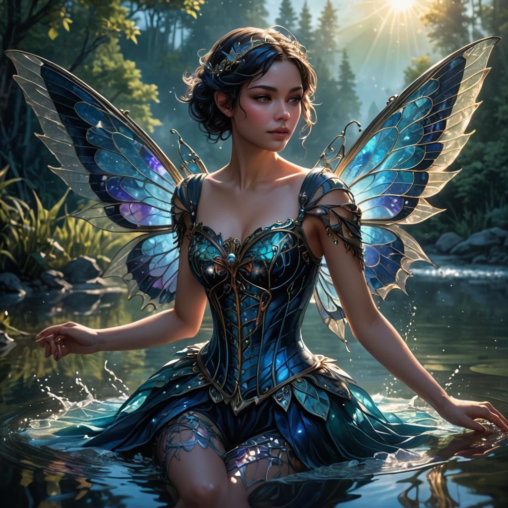 Gorgeous Fairy with Stained Glass Wings in Lake