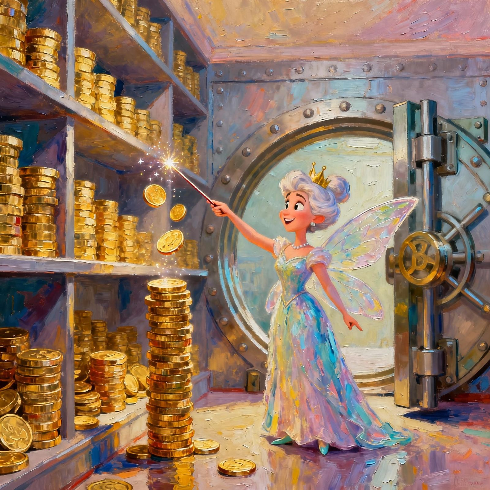Fairy Godmother Organizes Gold Coins in Pixar Style Vault